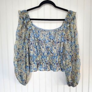 ASTR Blue Floral Feminine Cropped Ruffle Long Sleeve Blouse Top XS